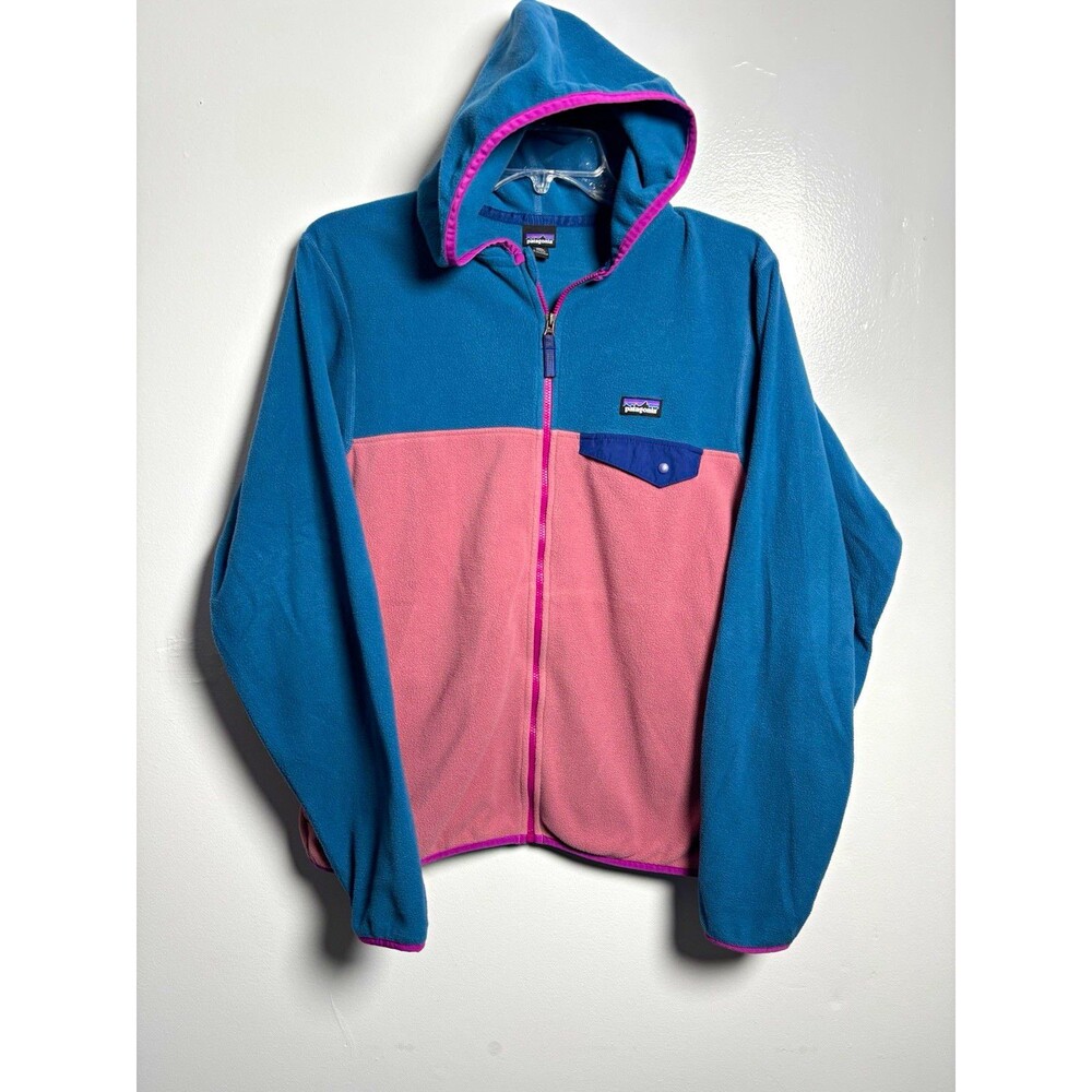 Patagonia Kids XXL 16-18 Hooded Full Zip Fleece Jacket Blue/Pink Colorblock